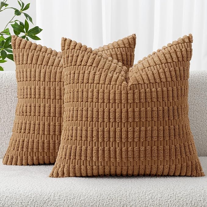 MIULEE Corduroy Decorative Throw Pillow Covers 20x20 Brown Pack of 2 | Soft Boho Striped Pillow Covers Modern Farmhouse Fall Home Decor For Sofa Living Room Couch Bed
