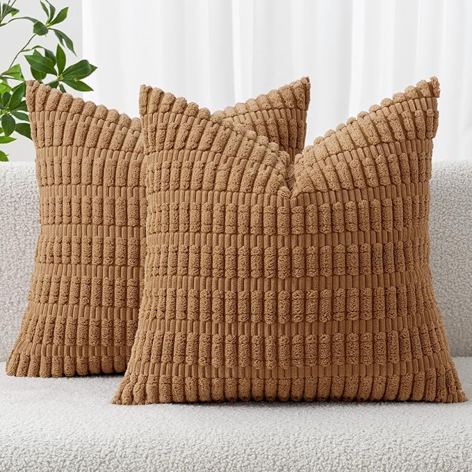 MIULEE Corduroy Decorative Throw Pillow Covers 18x18 Brown Pack of 2 | Soft Boho Striped Pillow Covers Modern Farmhouse Fall Home Decor For Sofa Living Room Couch Bed