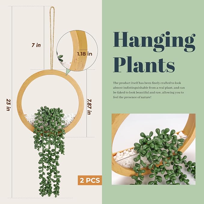 Der Rose 2 Pack 15" Fake Hanging Plants in Wood Tone Pots for Boho Decor | Cascading string of pearls, warm wood-look planters, included ropes suitable for bathroom bedroom living room boho wall decor