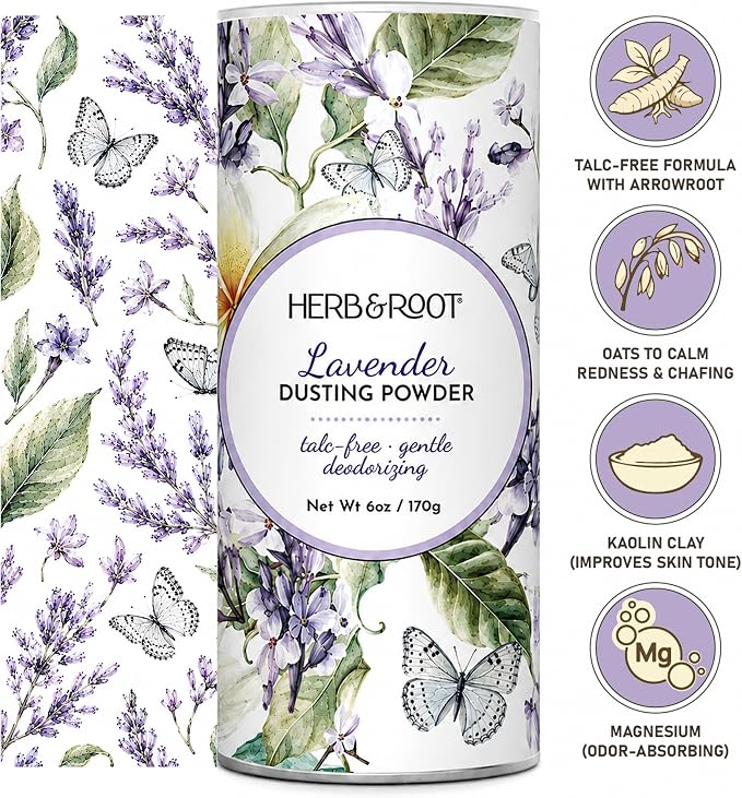 Herb & Root Talc Free Body Dusting Powders. Rose, Vanila, Sandalwood, Lavender, Jasmine, and Gift Sets (Full Size, Lavender)