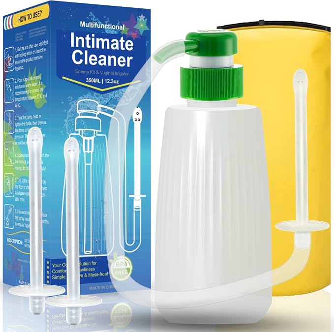 350ml Enema & Vaginal Douche Kit, Portable Intimate Irrigator with Press Pump, Silicone Hose & 5 Reusable Nozzles, Reusable Personal Cleansing System for Women & Men (1Bottle+3Nozzle)