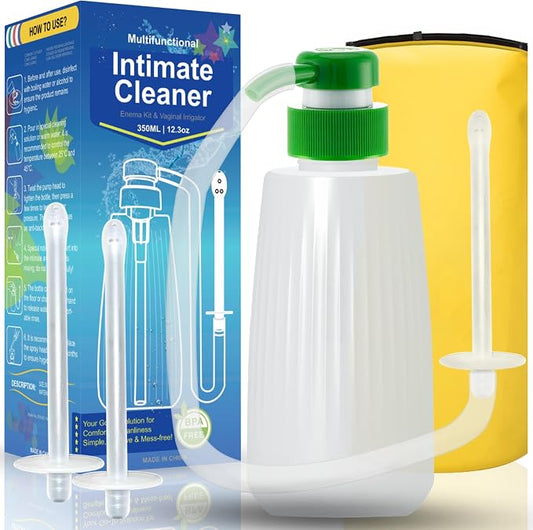 350ml Enema & Vaginal Douche Kit, Portable Intimate Irrigator with Press Pump, Silicone Hose & 5 Reusable Nozzles, Reusable Personal Cleansing System for Women & Men (1Bottle+3Nozzle)