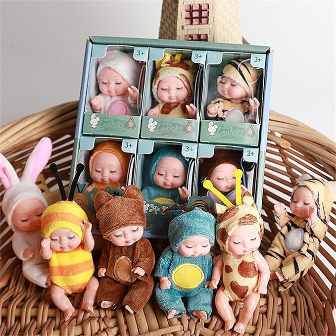 6 Pcs 4.3 Inch Mini Baby Dolls Set with Cute Small Animal Baby Doll Clothes, Child-Safe Role Play Toys for Toddlers Girls Boys Kids 3+ Christmas Birthday Gift Sets