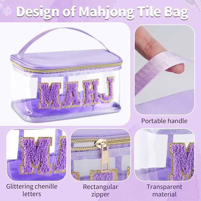 Handheld Mahjong Tile Bag, PVC Clear Mahjong Bag for 166 American Mahjong Tiles, Waterproof Mah Jong Case with Zipper & Lettters for Game Lover Gift Travel, Case Only(Purple)