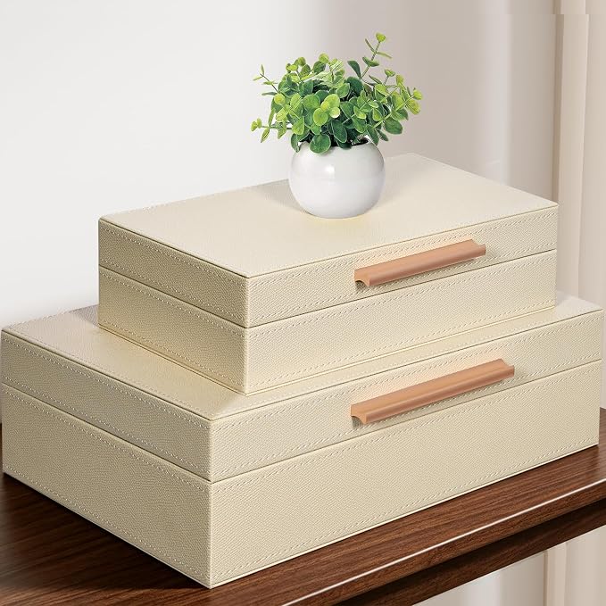 Decorative Box, Decorative Boxes with Lids 2-Set, Memory Box for Keepsakes | Beautiful PU Leather Decorative Storage Boxes in Style, Decor Box with Rose Metal Handle, Store Photos, Documents Beige