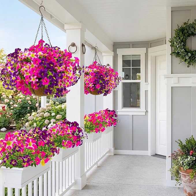 2 Set Artificial Outdoor Petunias Flowers with Hanging Baskets, 24 Pcs UV Resistant Faux Petunias Flowers with Hanging Planter for Front Door Porch Spring Outside Decor (2, RoseRed,RedViolet)