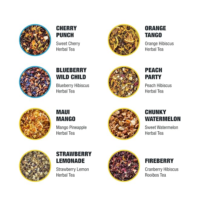 Tiesta Tea - Fruity Tea Sampler Dry Flight Set, Loose Leaf, No Caffeine, Makes Hot and Iced, Assorted Fruit Brews with Mango, Peach, Orange Drinks & More, 8 Resealable Sample Pouches
