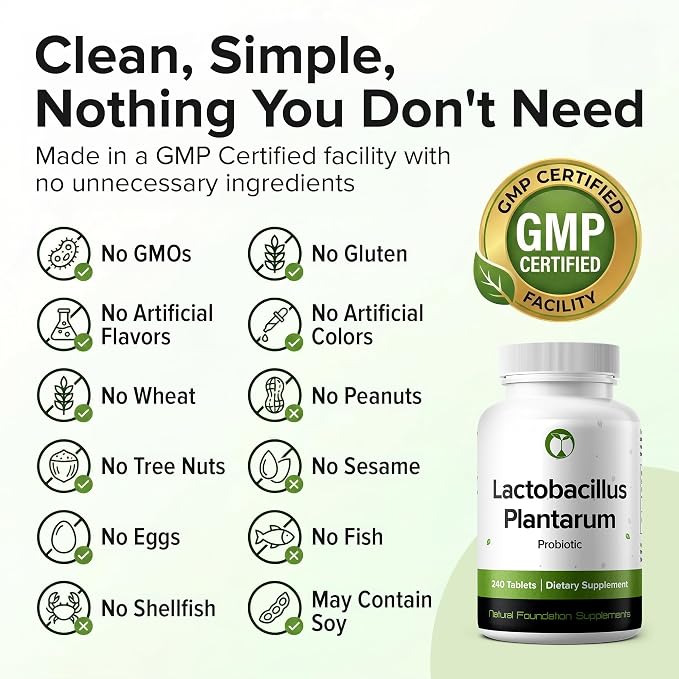 Lactobacillus Plantarum Probiotic 240 Tablets (4 Month Supply) – Researched Strain LP90 – 3 Billion CFU – Digestive Health & Gut Comfort – GMP Certified (240, Lactobacillus Plantarum)