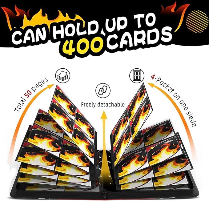 Trading Card Binder 4 Pocket,400 Pocket Card Collection Binder with 50 Removable Sleeves,PU Waterproof Top Card Book,3-Ring Zipper Collectible Trading Card Album for MTG/TCG/Card Holder Gift(Fire）