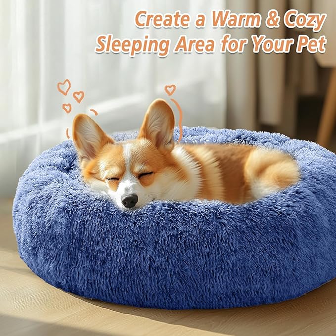 JOLLYVOGUE Medium Calming Dog Bed, Anti-Anxiety Donut Cuddler Cat Bed with Anti-Slip Bottom, Fluffy Faux Fur Machine Washable Pet Cushion for Medium Large Dog & Cat (31")