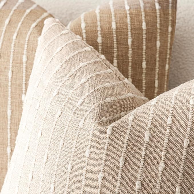 Foindtower Pack of 2 Decorative Jacquard Boucle Throw Pillow Covers Accent Textured Striped Pillowcases Soft Boho Modern Cushion for Couch Sofa Bedroom Living Room Home Decor 22x22 Inch Natural Beige