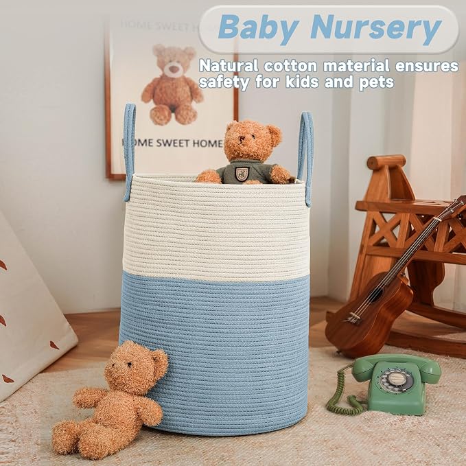 JMvicyroam 60L Cotton Rope Laundry Basket Hamper, White and Blue | Collapsible laundry basket, reinforced handles, freestanding, machine washable, holds 3-5 thick blankets, clothes or toys