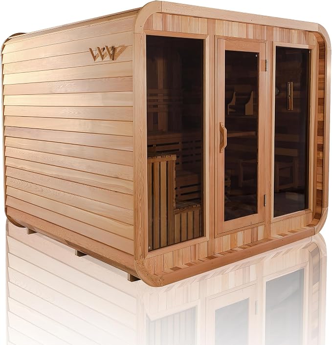 Customize Square Barrel Outdoor Sauna Room with Porch,220V HARVIA Electric Stove or Wood Burning Stove,4-8 Person Canadian Red Cedar Wooden Cube Sauna Kit