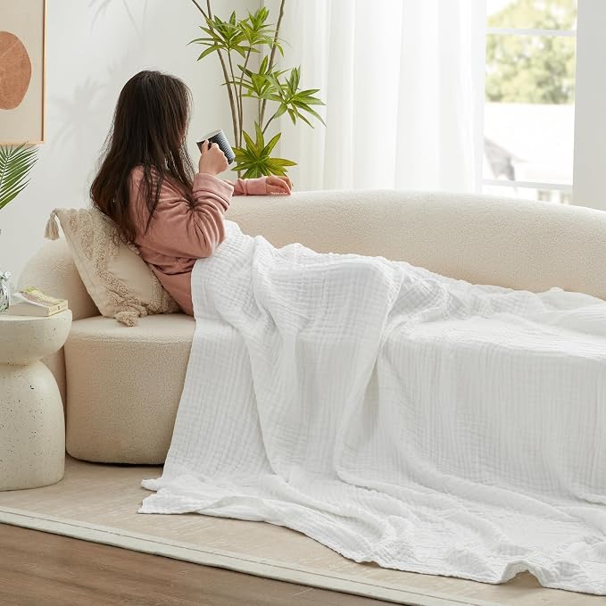 Love's cabin 100% Cotton Muslin Blanket, 6 Layer Lightweight Breathable Gauze Queen Size Blanket 90 x 90 Inches, Soft All Season Blanket for Bed, White