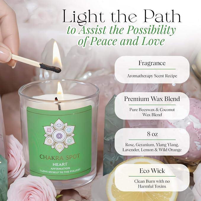 Scented Candles - Heart Chakra Candle, Compassion, Trust & Love Energy Candle, with Rose, Geranium, Ylang Ylang, Lavender, Lemon & Wild Orange, Beeswax & Coconut - 8oz