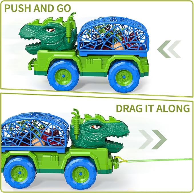 TEMI Dinosaur Truck Toys for Kids 3-5, Tyrannosaurus Transport Car Carrier Truck with Spray, 8 Dinosaur Figures, 3 Cars and 6 Eggs, Gifts for Boys and Girls 3 4 5 6 7