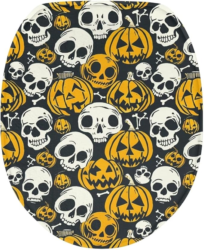 Toilet Seat Cover, Machine Washable Reusable Toilet Seat Cover, Suitable for Most Round, Elongated and Oblong Toilet Lid Cover-Halloween Skull Pumpkins