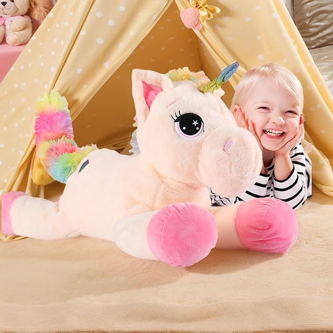 Tezituor 43'' Big Unicorn Plush Toys,Off-White Unicorn Stuffed Animals,Lovely Beige Birthday Decorations for Girls,Giant Unicorns Gifts for Children