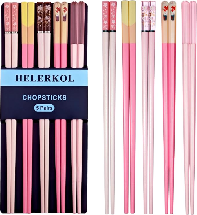 5 Pairs Pink Fiberglass Chopsticks Japanese Korean Chopstick Reusable Non-Slip Dishwasher Safe, 9.6 Inches Long, 5 Patterns