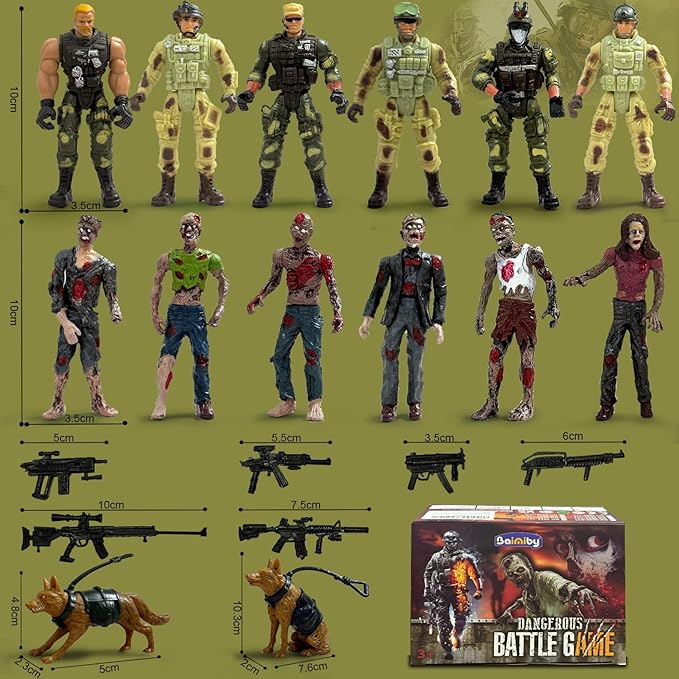 Army Men VS Zombie Action Figures, Realistic 6 Zombie Toys Playset 6 Army Toy Set with Weapons 2 Dog Figures, Halloween Decor Birthday Gift for Boys 3+ (14PCS)