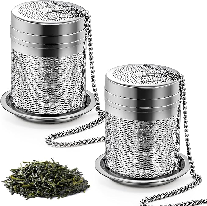 Yoassi Tea Infusers for Loose Tea, 2 Pack Extra Fine Mesh Tea Strainers, 18/8 Stainless Steel Loose Leaf Tea Steeper Tea Diffusers with Extended Chain Hook and Drip Tray