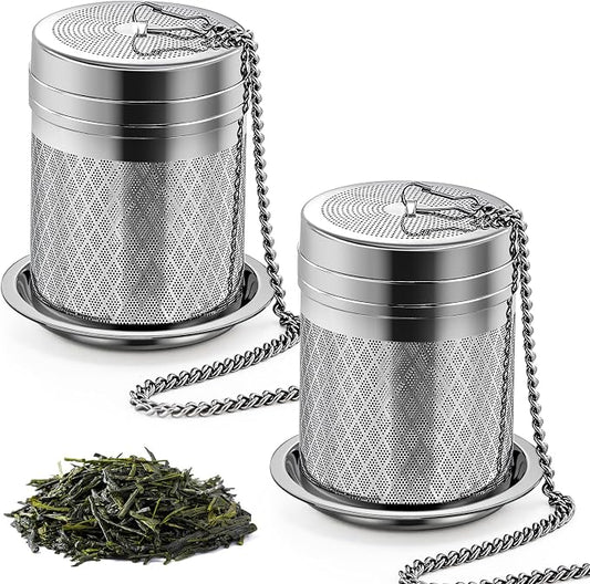 Yoassi Tea Infusers for Loose Tea, 2 Pack Extra Fine Mesh Tea Strainers, 18/8 Stainless Steel Loose Leaf Tea Steeper Tea Diffusers with Extended Chain Hook and Drip Tray