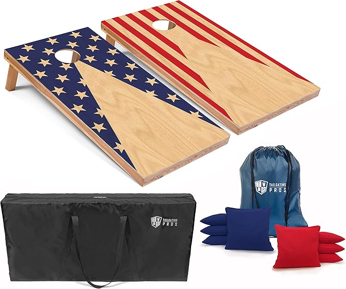 Tailgating Pros American Themed Lightweight Corn Hole Board Set w/Multicolored LED Rings, Bean, Bags, and Carrying Case - 4'x2' Cornhole Toss