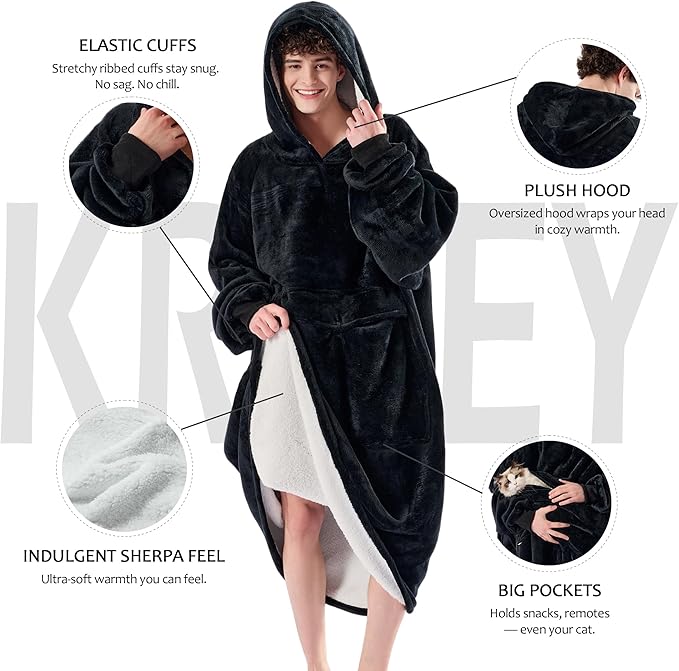 Krifey Big & Tall Wearable Blanket Hoodie with Cat Pocket, Extra Long Oversized Fleece Blanket for Adults, Cozy Birthday Gifts, Christmas Gifts