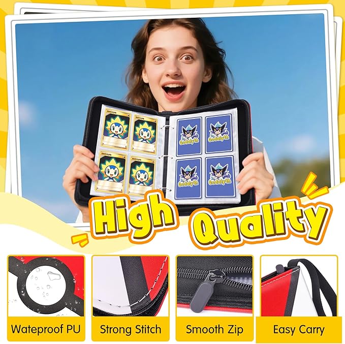 Card Binder – 4 Pocket Zipper Collection Album, Premium PU Holder, Double-Sided Display for 400 Cards, Includes 5 Hard Plastic Sleeves for Game Cards, Sports Cards