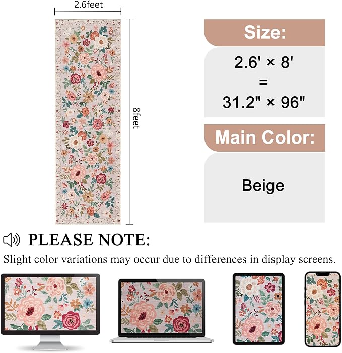 DUKINO 2.6x8 Runner Rug, Washable Runner Rug for Hallway Non Slip, Beige | Low Pile, Soft, Floral Indoor Rug for Kitchen, Entryway, Bedroom, Bathroom, Pet Friendly, Stain Resistant, Modern Home Decor