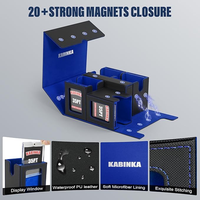 Kabinka Card Deck Box for MTG Commander, Holds 400+ Double-Sleeved Cards, 5 IN 1 Detachable Card Case with Dice Tray, Fits Magic/TCG Cards, 4 Magnetic Card Holders & Dividers (Black Blue)