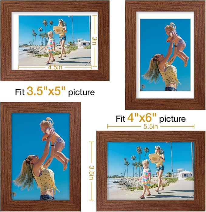 Vittanly 4x6 Picture Frames Set of 9, Wall & Tabletop, Wood Grain Brown | Display Pictures 3.5x5 with Mat or 4x6 without Mat, Small Photo Frames, Engineered Wood with Shatter Resistant Plexiglass