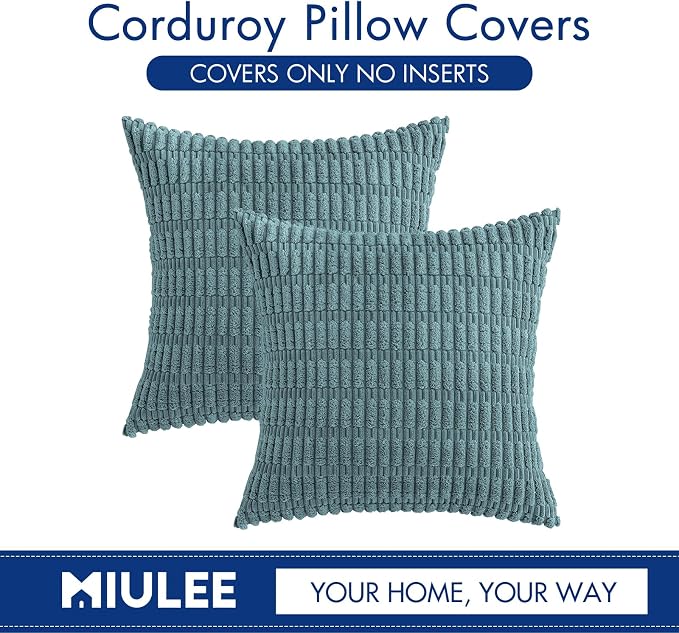 MIULEE Corduroy Decorative Throw Pillow Covers 20x20 Coastal Blue Pack of 2 | Soft Boho Striped Pillow Covers Modern Farmhouse Home Decor For Sofa Living Room Couch Bed