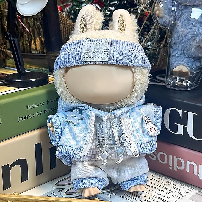 Clothes Fit for 17CM Doll, Fashion Doll Clothes Outfit Set Cute Theme Designer Toys Dress Accessories for Collector Fans Display (Light Blue Grid)