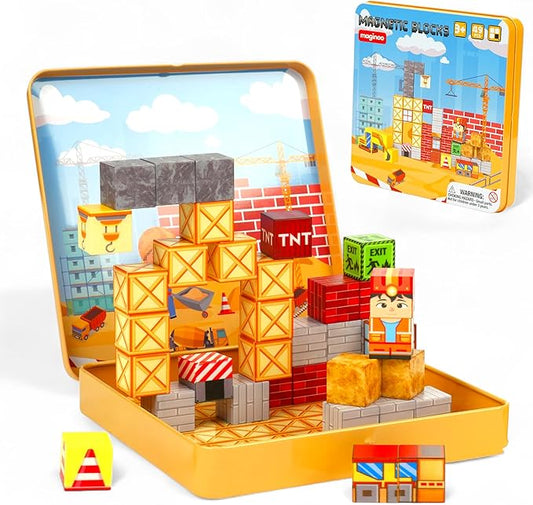 Mini Magnetic Blocks Travel Set – Christmas STEM Toddler Toys in Iron Box, Educational Building Cubes for Kids Ages 3–8, for Boys & Girls (49PCS Construstion Edition)