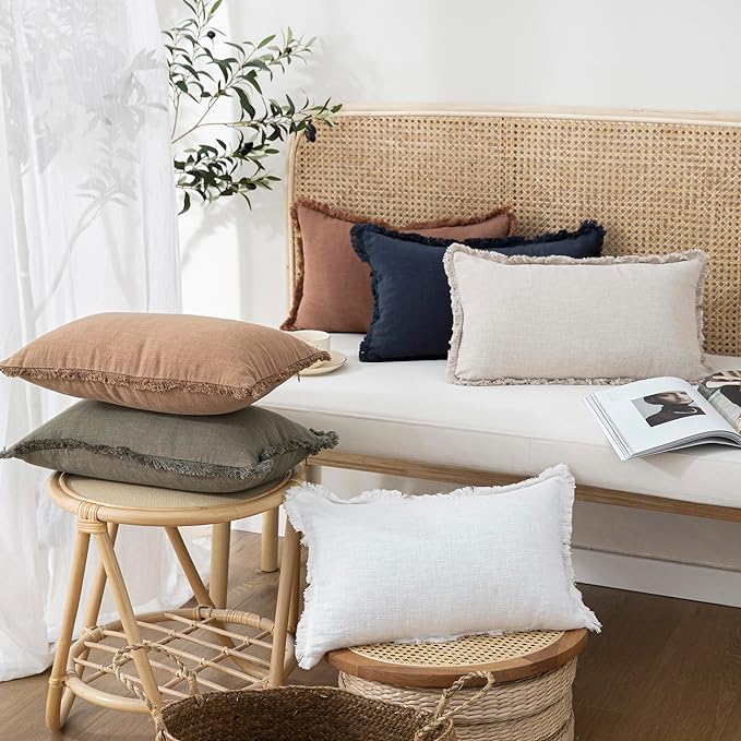 Foindtower Lumbar Decorative Linen Fringe Throw Pillow Covers 12×20 Beige | Set of 2 Cozy Accent Modern Pillowcase, Boho Farmhouse Soft Cushion Cover with Tassels, Home Decor for Sofa Couch Living Room