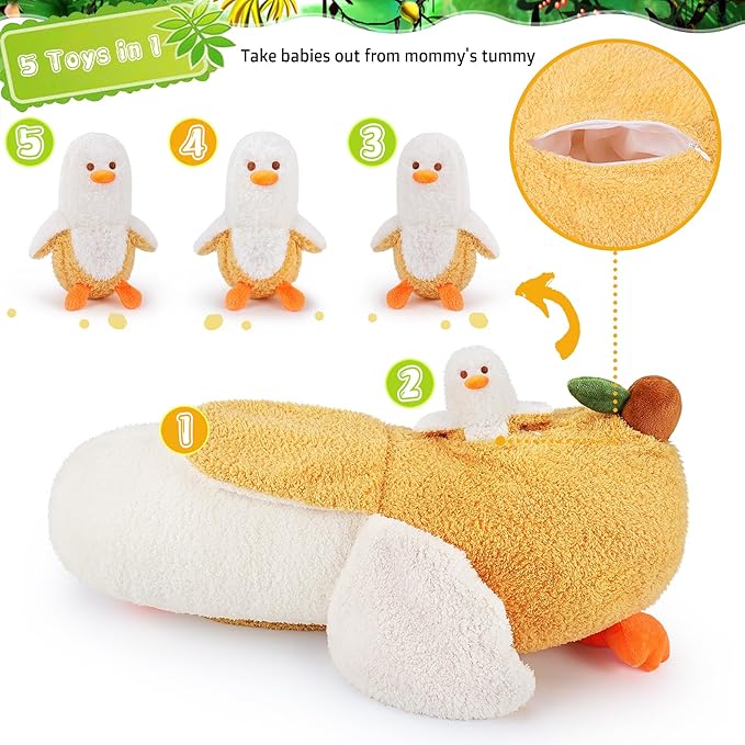 Auspicious Beginning 5-Piece Banana Duck Plush Family - Cute 20'' Mommy Duck with 4 Baby Duck Plushies - Kawaii Plush Toys for Kids' Birthdays