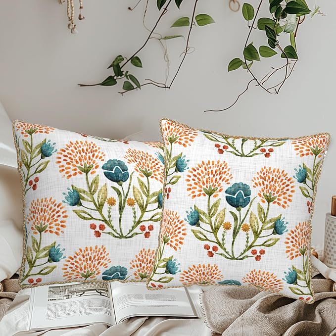KSLIDS Floral Leaf Soft Velvet Throw Pillow Covers Set of 2 Orange Flowers Sage Green Leaves Decorative Pillow Covers 20x20 Inch Farmhouse Pillow Case for Sofa Couch Living Room Home Decor