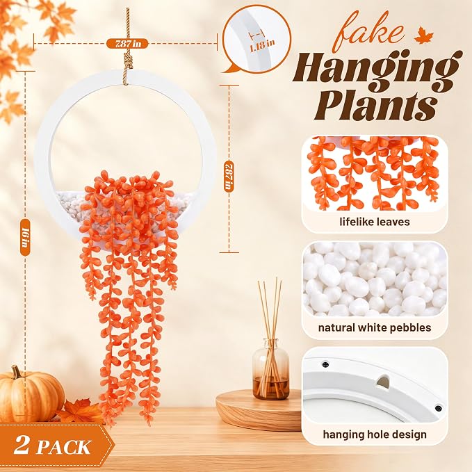 Der Rose 2 Pack Autumn Artificial Hanging Plants for Fall Wall Decor | Cascading string of pearls, warm autumn color, space-saving hanging design for bathroom kitchen shelf boho fall decor