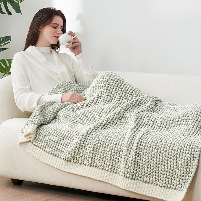 Knit Throw Blanket, Soft Chenille Cozy Breathable Pineapple Chunky Decorative Blanket for Couch, Bed & Sofa, French-Inspired Lightweight Warm Gift for Women, Sage Green, 50"x60"