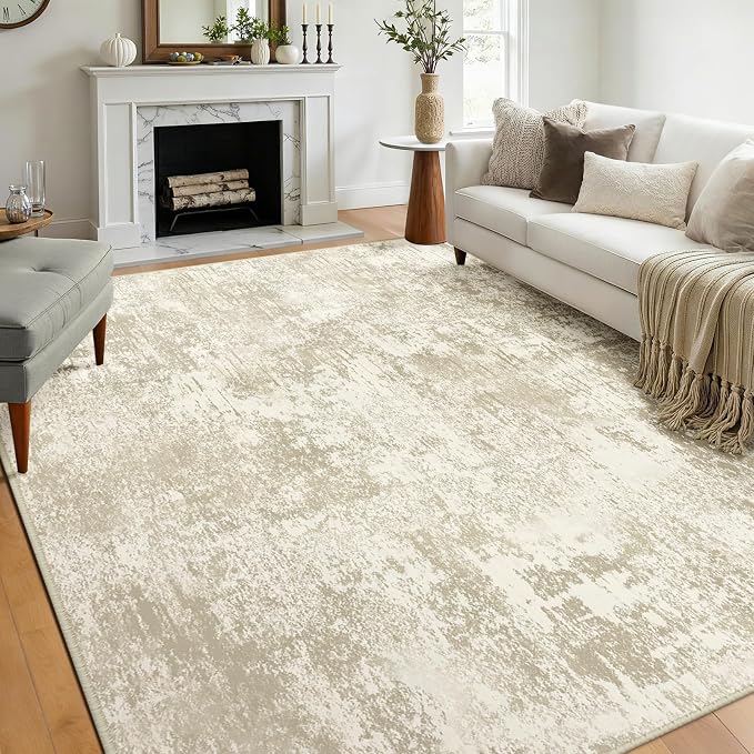RELEANY Washable 8'x10' Abstract Area Rug for Living Room Cream Beige | carpet for bedroom, kitchen, office, hallway and entryway, printed pattern, non-slip, soft, stain-resistant, easy to clean