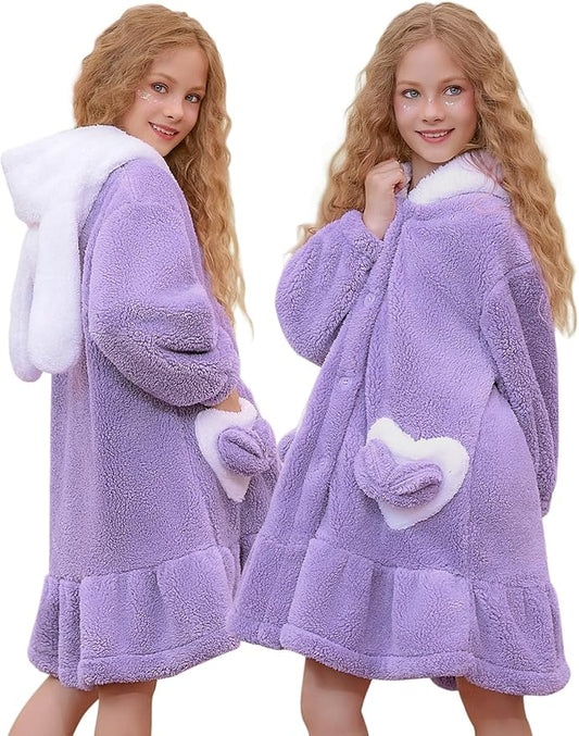 Girls Bathrobes Coral Fleece Button Down Hooded Robes Cute Rabbit Ears Bath Robe Fuzzy Warm Soft Sleepwear