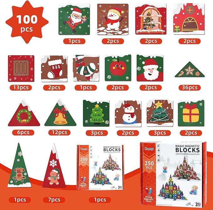 250 PCS Magnetic Tiles for Kids,Magnetic Blocks for Kids with Christmas Theme, Magnetic Building Blocks Set, 3D SETM Educational Toddler Toys