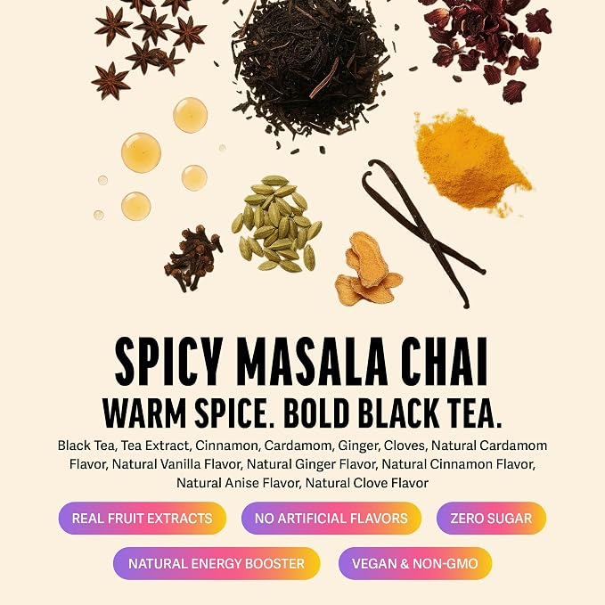 Zest Energy Black Tea - Spicy Masala Chai - High Caffeine Cardamom Ginger Tea with Cinnamon, Cloves & Vanilla Chai - Caffeinated Coffee Alternative - Natural, Non-GMO & Keto - 20Ct Pack - 150mg Caf