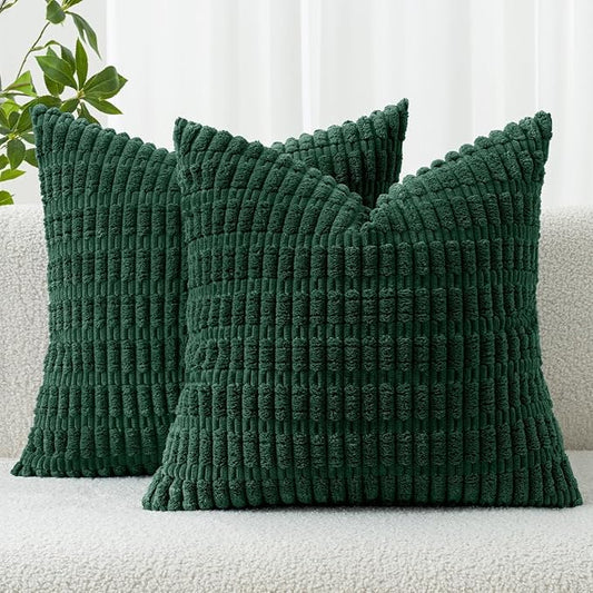 MIULEE Corduroy Decorative Throw Pillow Covers 18x18 Dark Green Pack of 2 | Soft Boho Striped Pillow Covers Modern Farmhouse Home Decor For Sofa Living Room Couch Bed