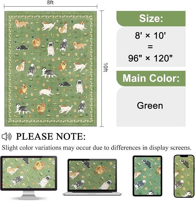 DUKINO 8x10 Area Rug, Washable Dog Rugs for Living Room Soft, Green | Non Slip, Low Pile, Non-Shedding, Stain Resistant Animal Carpet for Bedroom Dining Room Nursery Farmhouse, Pet & Kid Friendly
