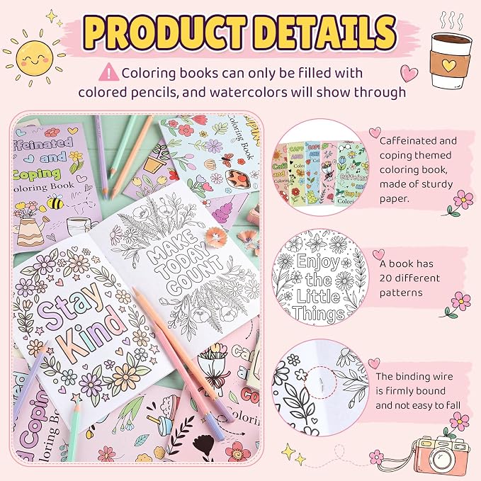 Liliful 24 Pcs Coffee and Coping Coloring Book Bulk Mini Coloring Books for Kids Adults DIY Art Relaxation Drawing Book with Patterns, Party Favors, Goodie Bag Filler and Holiday Gifts