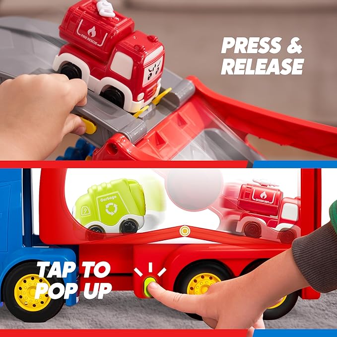 Vroomix Extra Large Toy Trucks for Toddlers, 3-Layer City Trucks for Kids, 7-in-1 Big Transport Carrier Truck with Siren & Lights and 6 Toy Cars, Christmas Birthday Gifts for Boys Girls