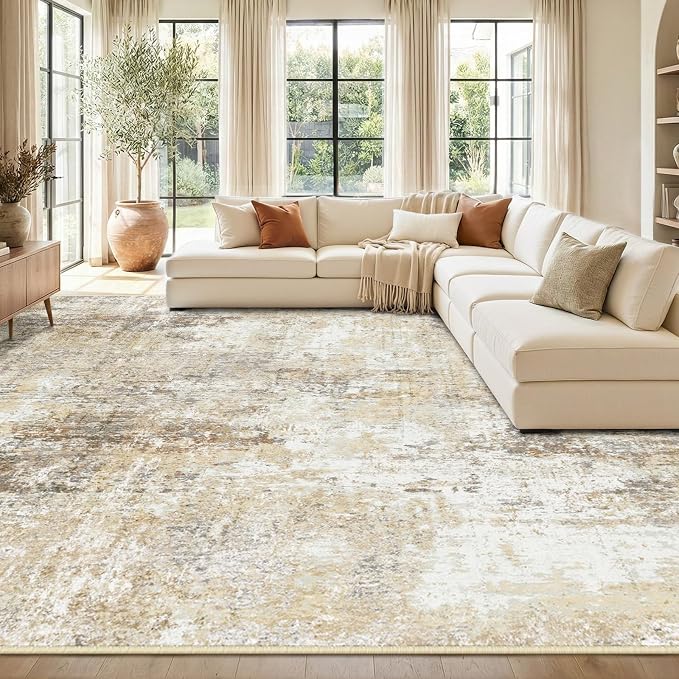 RELEANY Washable 9'x12' Abstract Area Rug for Living Room Neutral Brown | carpet for bedroom, kitchen, office, hallway and entryway, printed pattern, non-slip, soft, stain-resistant, easy to clean