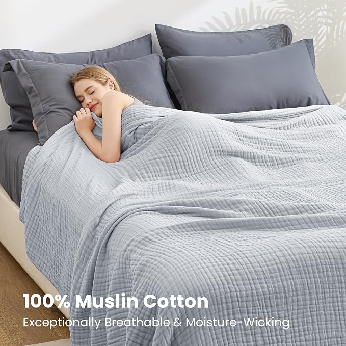 Love's cabin 100% Cotton Muslin Blanket, 6 Layer Lightweight Breathable Gauze Queen Size Blanket 90 x 90 Inches, Soft All Season Blanket for Bed, Light Grey